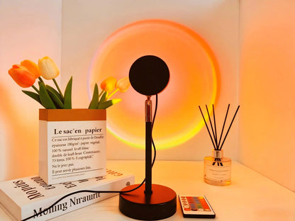 16-Color Sunset Lamp Projector with 180° rotation and 4 lighting modes. Create stunning sunset and starry sky effects for bedrooms, gaming setups, photos, and aesthetic room décor. Perfect mood lighting gift for couples and home ambiance.