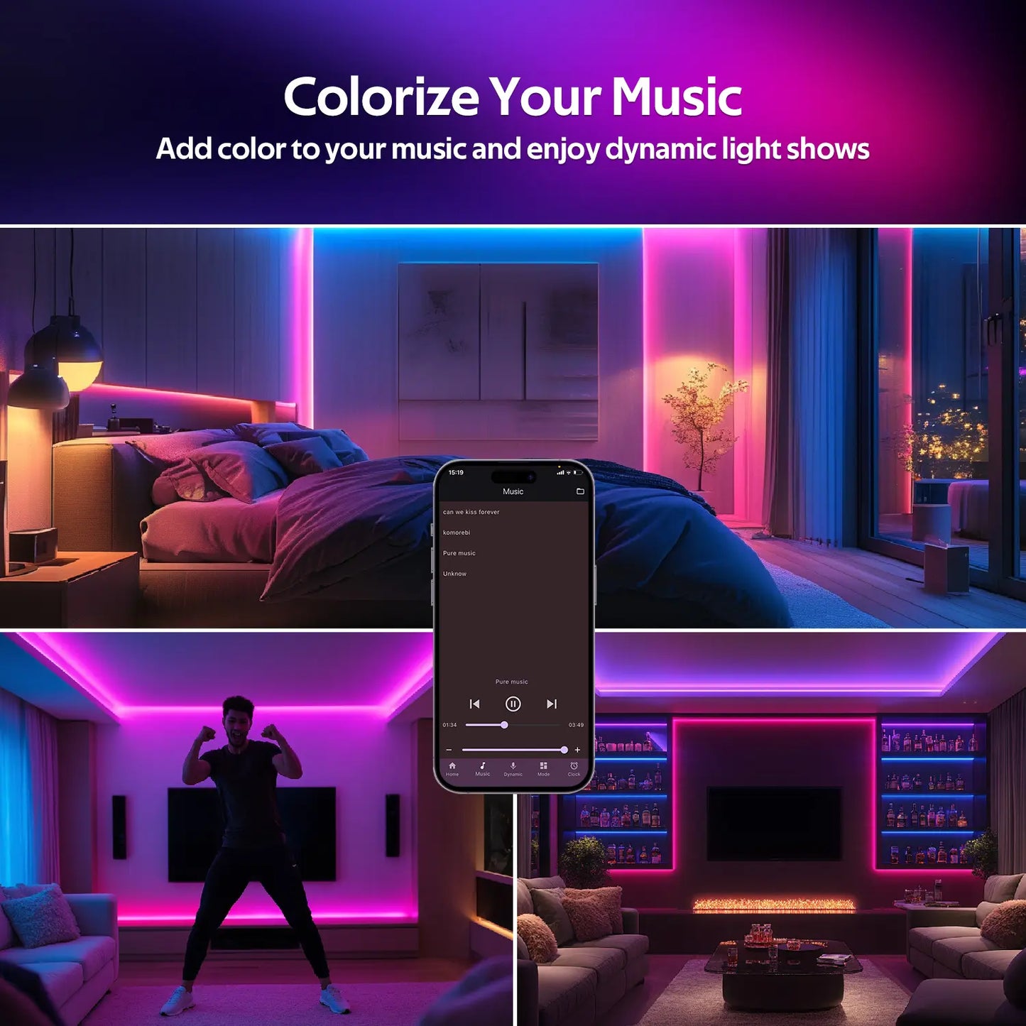 100FT 50FT Smart LED Strip Lights Sync to Music with 44 Key Remote Controller & App Control RGB LED Lights for Bedroom Decor