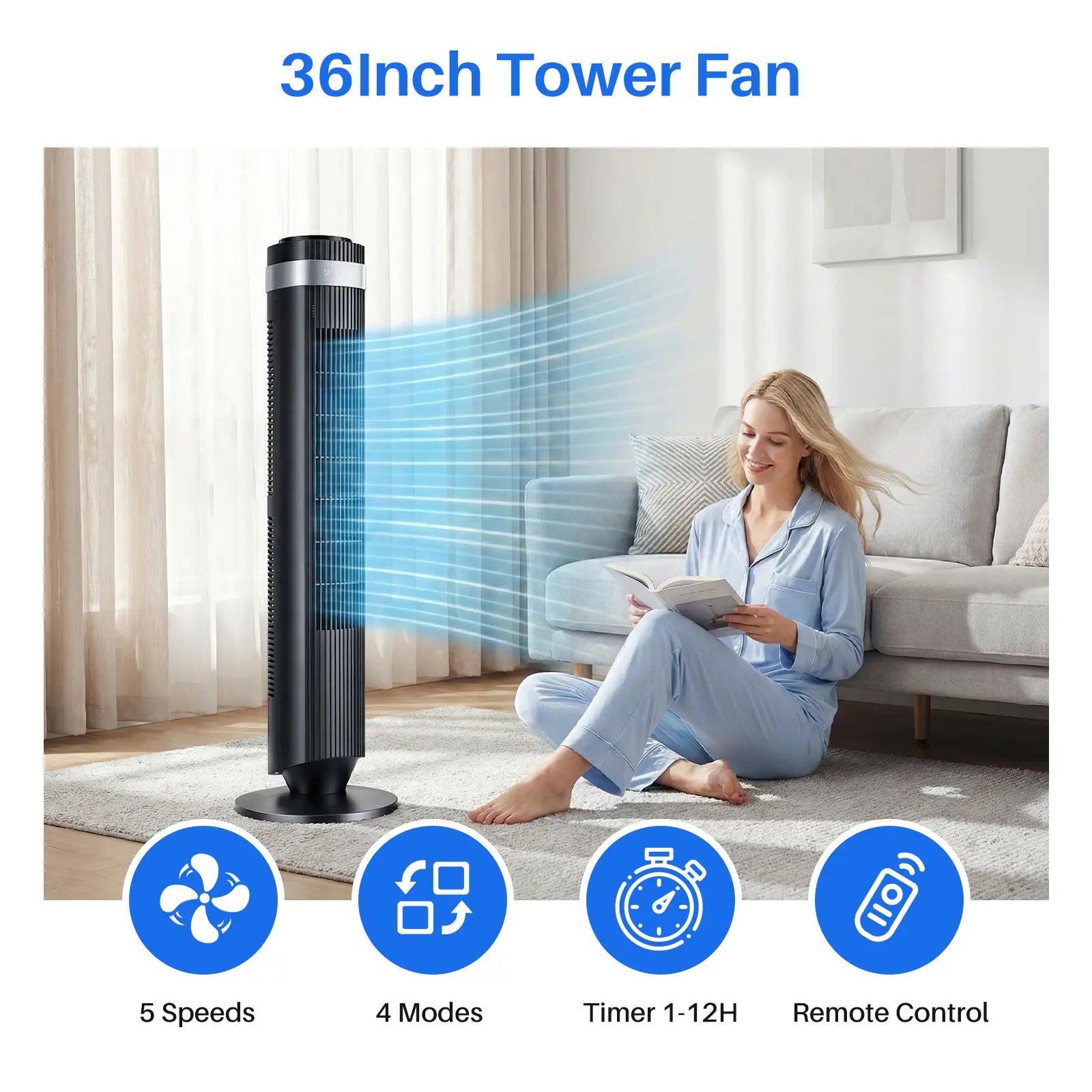 【New】Tower Fan for Bedroom, 28Db Silent Standing Fan with 12H Timer, Smart Auto Mode, 64° Oscillating Bladeless Cooling Fan for Home Office,Summerwins