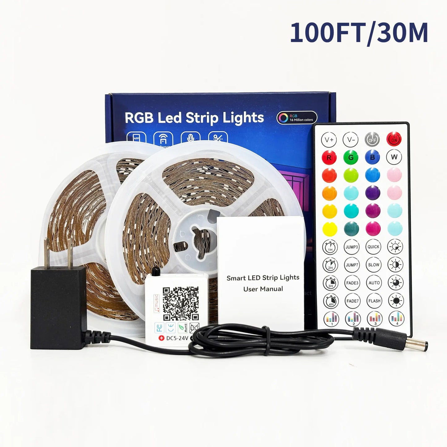 100FT 50FT Smart LED Strip Lights Sync to Music with 44 Key Remote Controller & App Control RGB LED Lights for Bedroom Decor