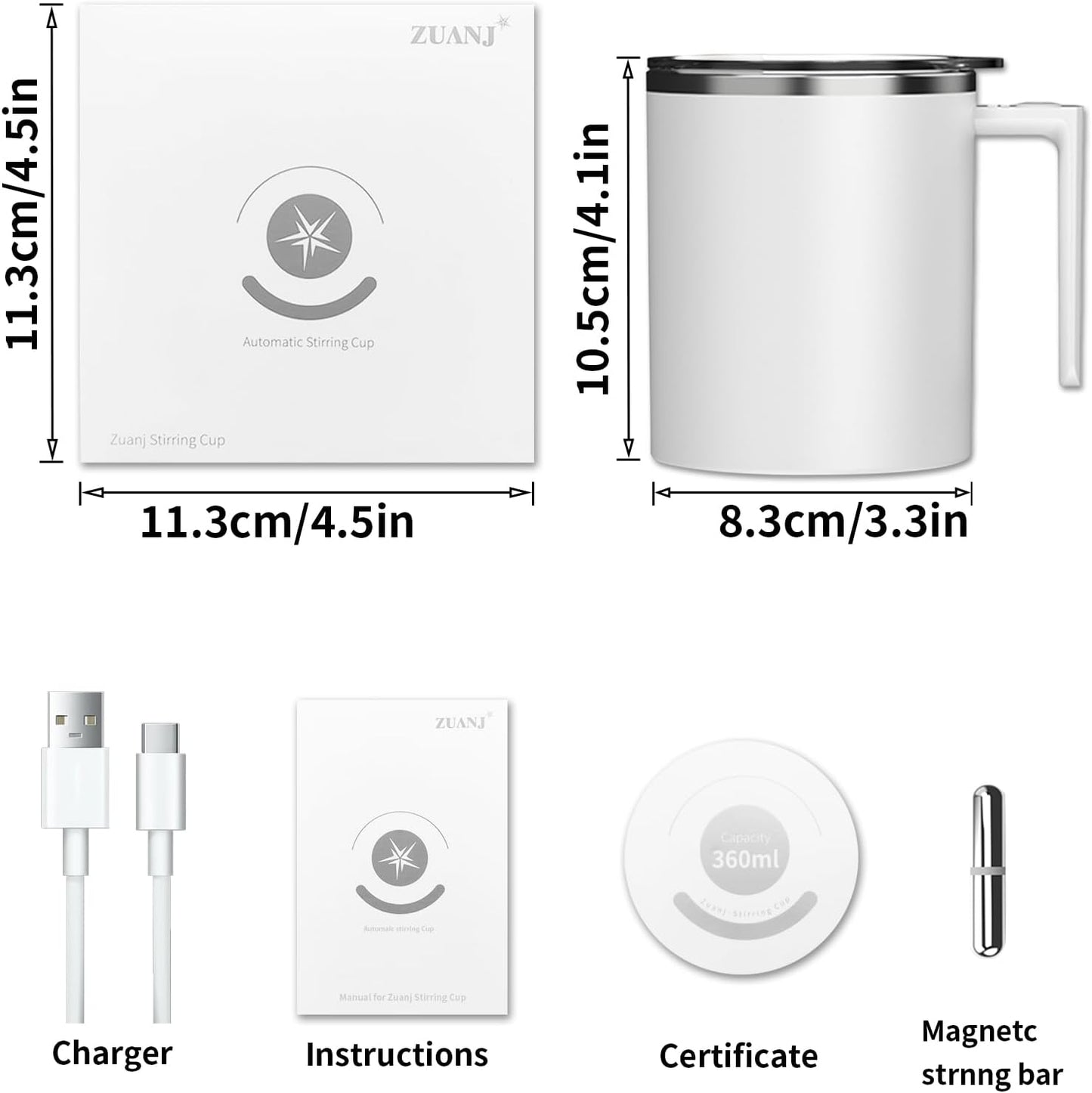 Self-Stirring Coffee Mug, 12.2 Oz Automatic Magnetic Stirrer with Rechargeable Function for Coffee, Milk, and Hot Cocoa (White)