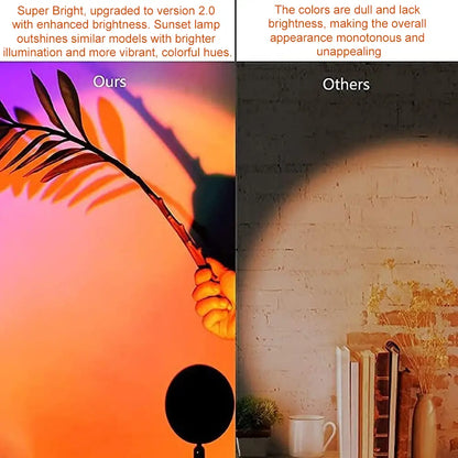 16-Color Sunset Lamp Projector with 180° rotation and 4 lighting modes. Create stunning sunset and starry sky effects for bedrooms, gaming setups, photos, and aesthetic room décor. Perfect mood lighting gift for couples and home ambiance.