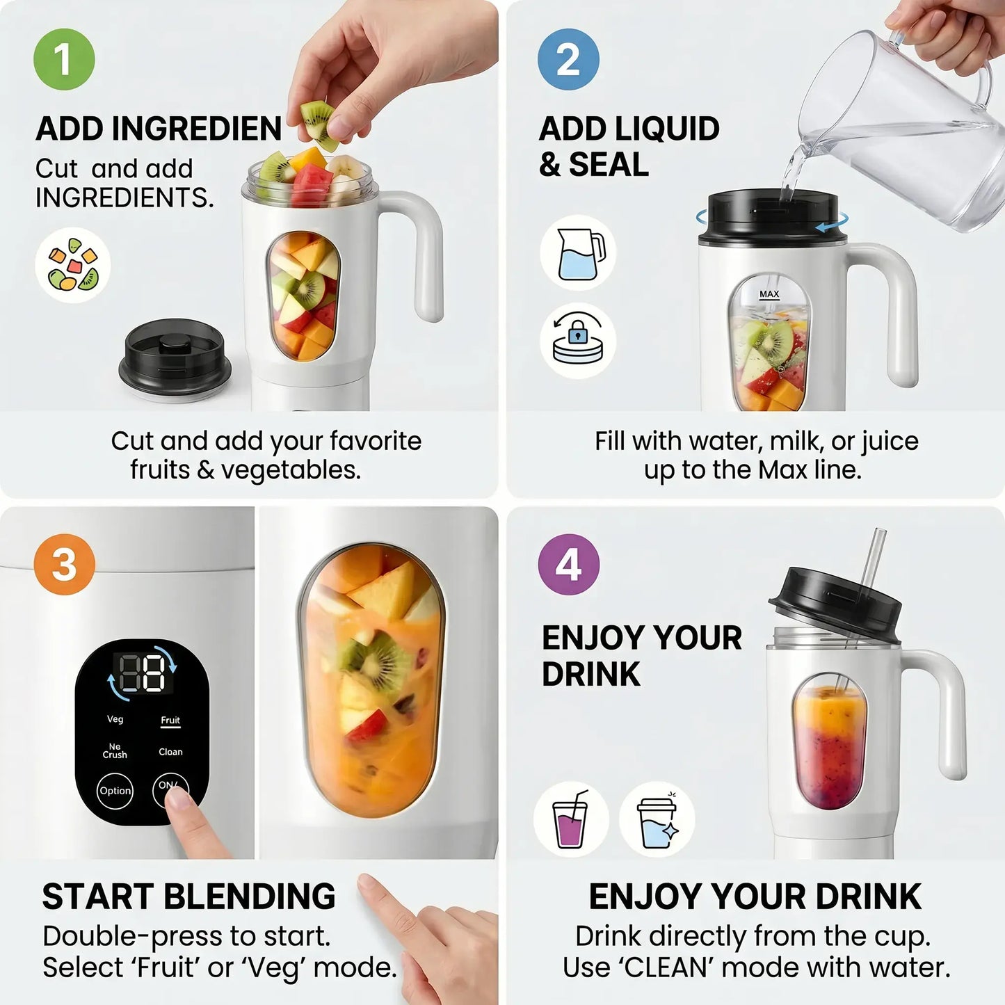 580ML Portable USB Rechargeable Juicer with LED Display, 22000 RPM Handheld Blender, Self-Cleaning, BPA-Free, Ideal for Smoothies and Juices with Ice Crushing Function