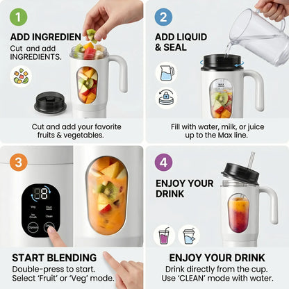 580ML Portable USB Rechargeable Juicer with LED Display, 22000 RPM Handheld Blender, Self-Cleaning, BPA-Free, Ideal for Smoothies and Juices with Ice Crushing Function