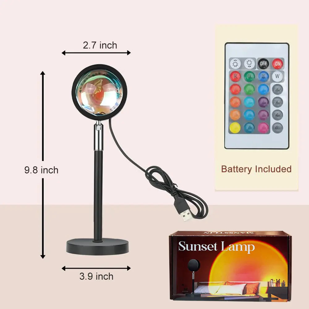 16-Color Sunset Lamp Projector with 180° rotation and 4 lighting modes. Create stunning sunset and starry sky effects for bedrooms, gaming setups, photos, and aesthetic room décor. Perfect mood lighting gift for couples and home ambiance.