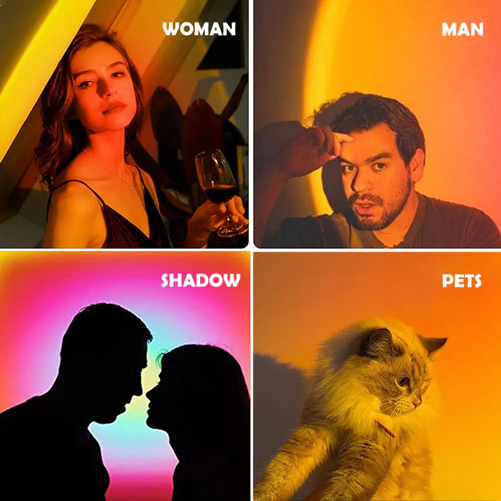 16-Color Sunset Lamp Projector with 180° rotation and 4 lighting modes. Create stunning sunset and starry sky effects for bedrooms, gaming setups, photos, and aesthetic room décor. Perfect mood lighting gift for couples and home ambiance.