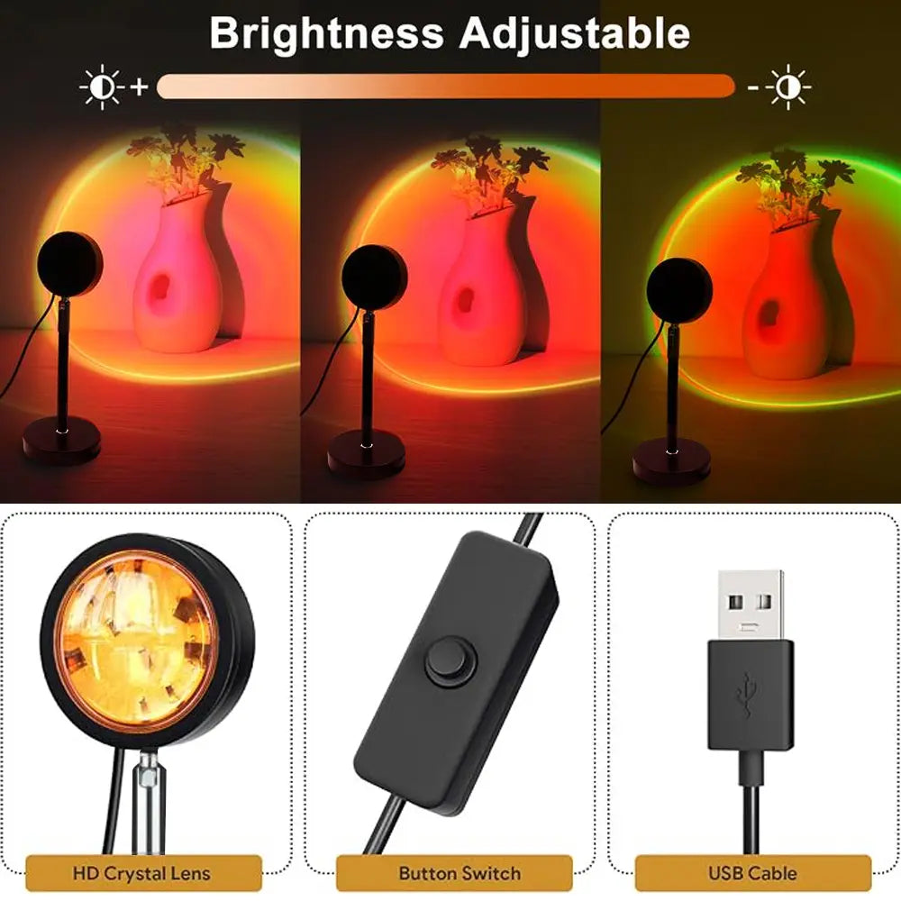 16-Color Sunset Lamp Projector with 180° rotation and 4 lighting modes. Create stunning sunset and starry sky effects for bedrooms, gaming setups, photos, and aesthetic room décor. Perfect mood lighting gift for couples and home ambiance.