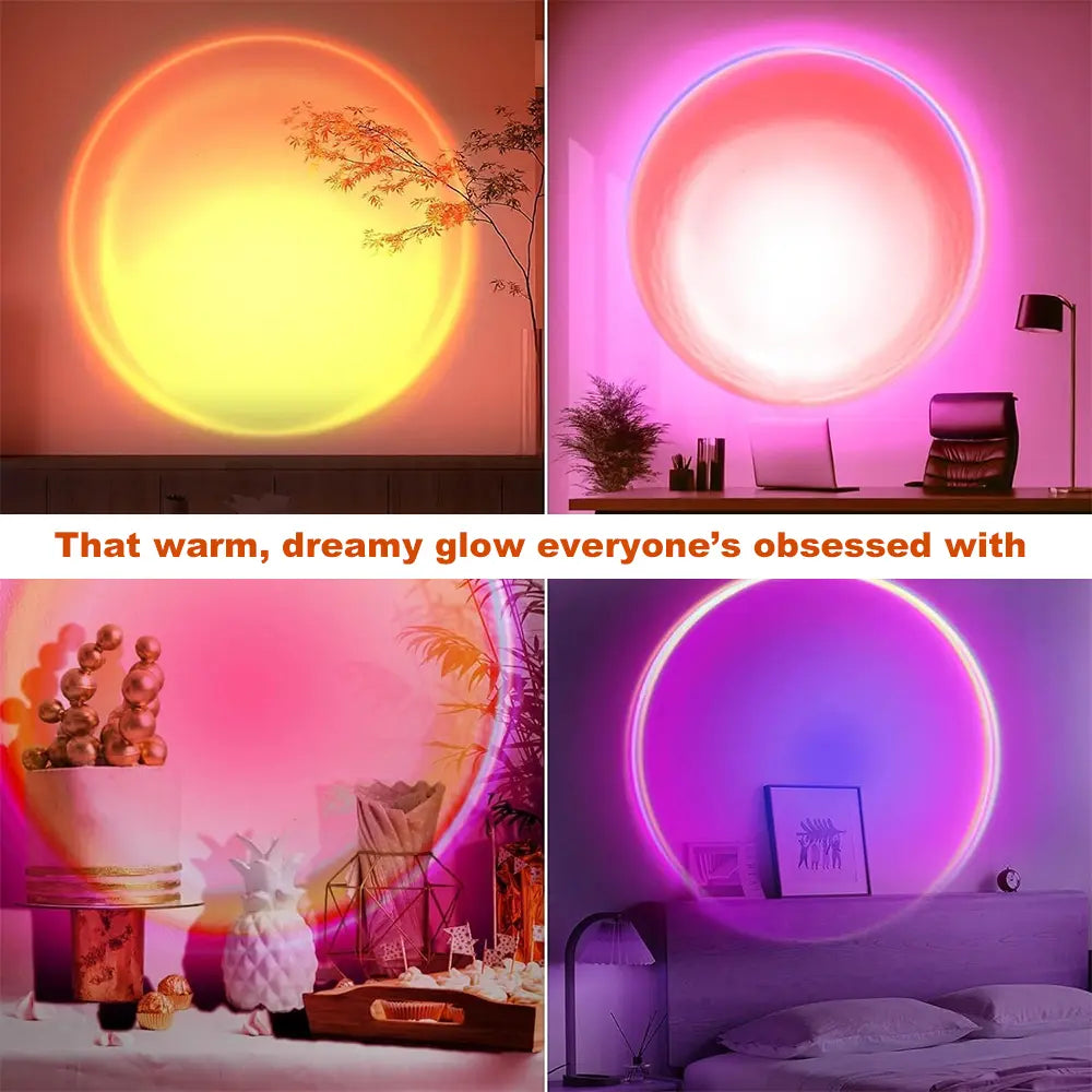 16-Color Sunset Lamp Projector with 180° rotation and 4 lighting modes. Create stunning sunset and starry sky effects for bedrooms, gaming setups, photos, and aesthetic room décor. Perfect mood lighting gift for couples and home ambiance.
