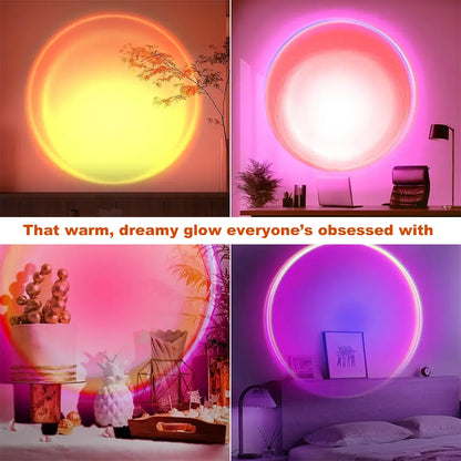 16-Color Sunset Lamp Projector with 180° rotation and 4 lighting modes. Create stunning sunset and starry sky effects for bedrooms, gaming setups, photos, and aesthetic room décor. Perfect mood lighting gift for couples and home ambiance.