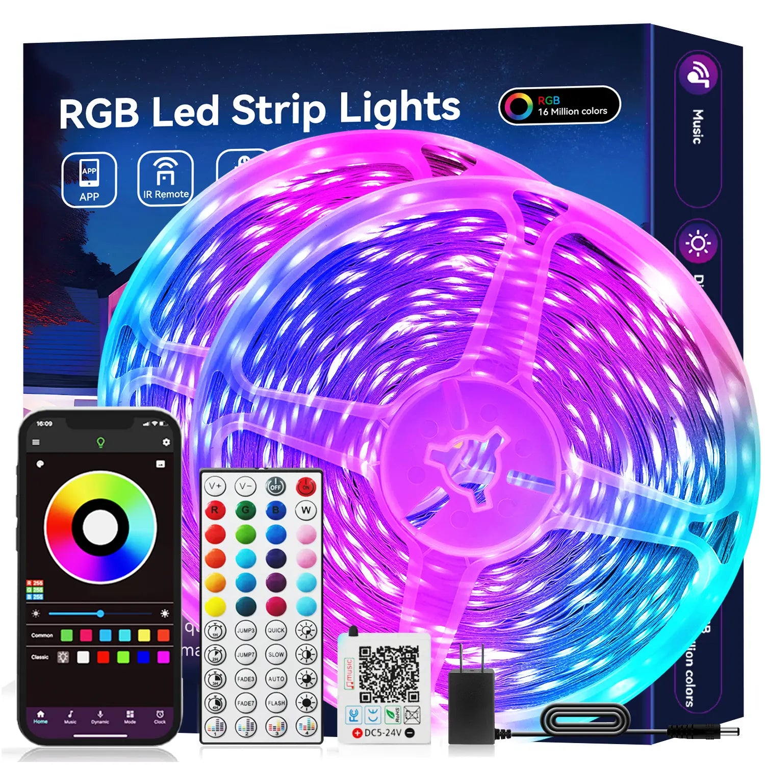 100FT 50FT Smart LED Strip Lights Sync to Music with 44 Key Remote Controller & App Control RGB LED Lights for Bedroom Decor
