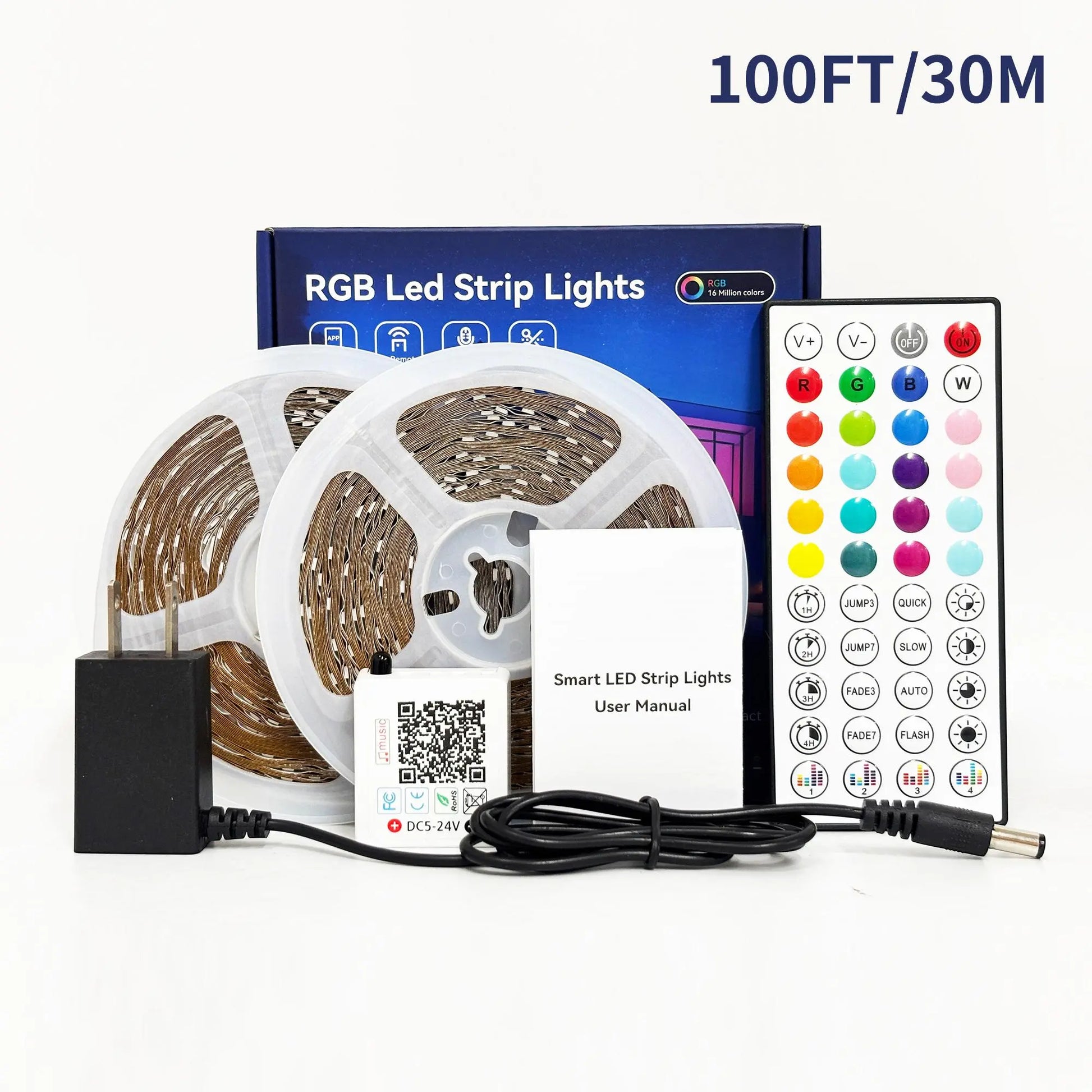 100FT 50FT Smart LED Strip Lights Sync to Music with 44 Key Remote Controller & App Control RGB LED Lights for Bedroom Decor