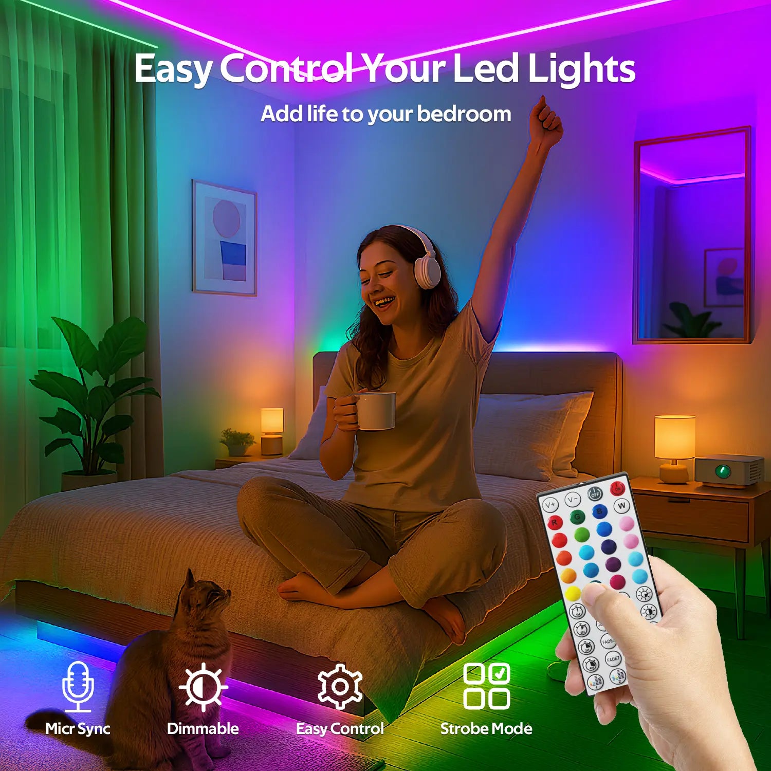 100FT 50FT Smart LED Strip Lights Sync to Music with 44 Key Remote Controller & App Control RGB LED Lights for Bedroom Decor