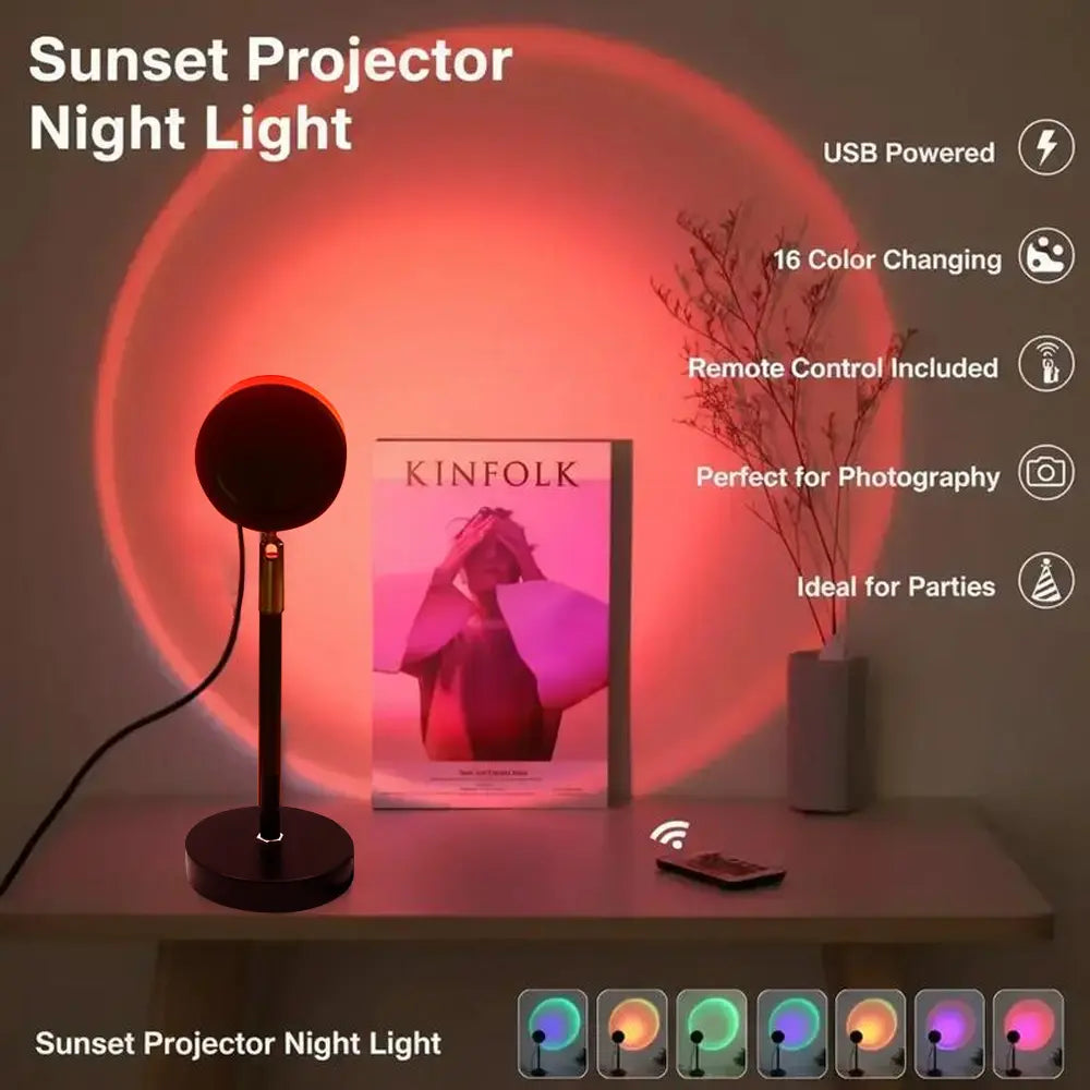 16-Color Sunset Lamp Projector with 180° rotation and 4 lighting modes. Create stunning sunset and starry sky effects for bedrooms, gaming setups, photos, and aesthetic room décor. Perfect mood lighting gift for couples and home ambiance.