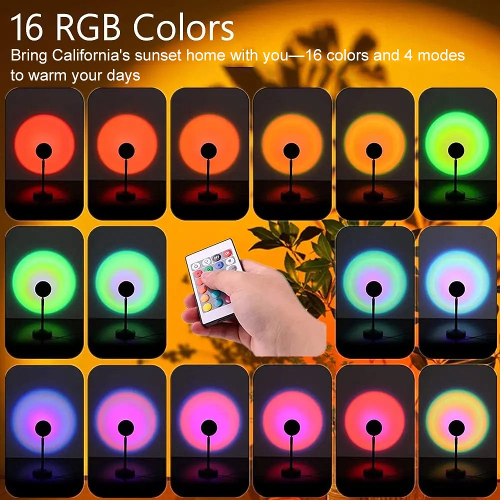 16-Color Sunset Lamp Projector with 180° rotation and 4 lighting modes. Create stunning sunset and starry sky effects for bedrooms, gaming setups, photos, and aesthetic room décor. Perfect mood lighting gift for couples and home ambiance.